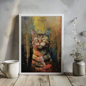 Original Abstract Cat Art Print + Digital Copy, Animal Home Decor